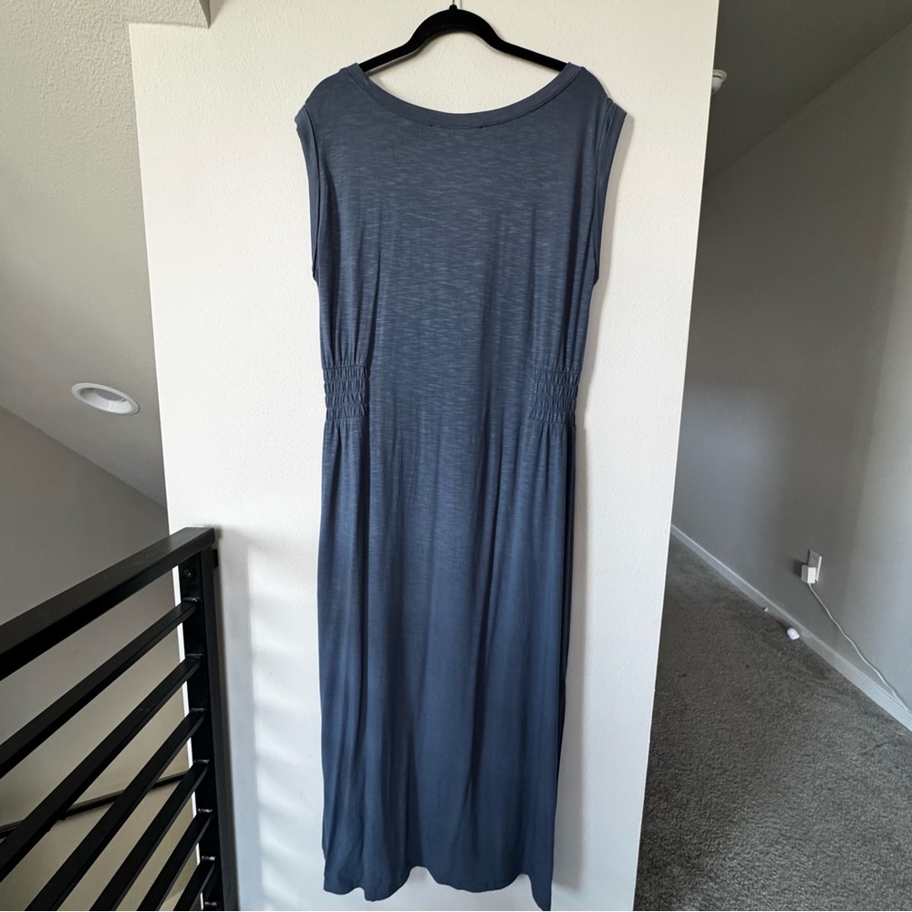 WHBM Blue Rayon Slub Knit Sleeveless Smocked Waist Midi Maxi Dress Womens Large - Picture 5 of 14